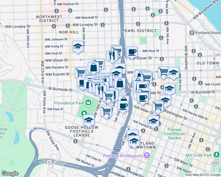 map of restaurants, bars, coffee shops, grocery stores, and more near 1714 Northwest Couch Street in Portland