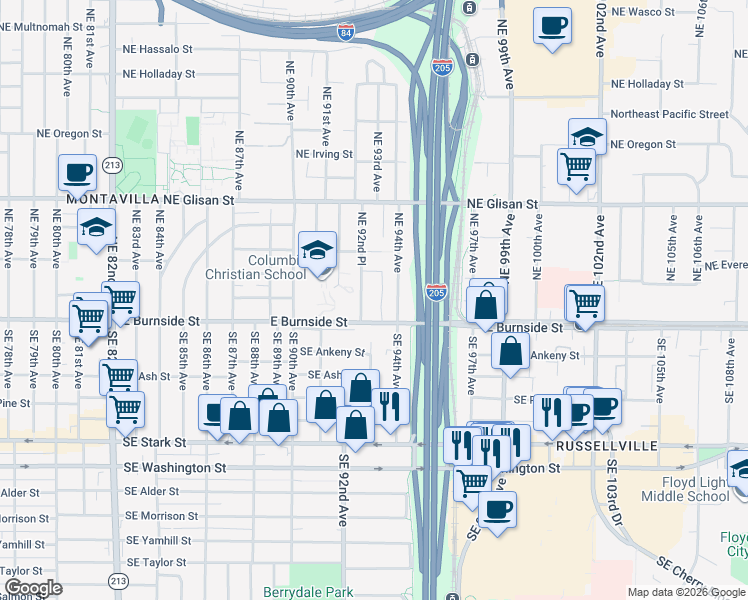 map of restaurants, bars, coffee shops, grocery stores, and more near 118 Northeast 92nd Place in Portland