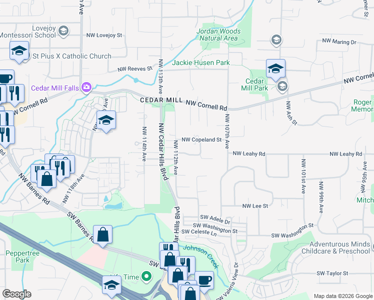 map of restaurants, bars, coffee shops, grocery stores, and more near 11079 Northwest Leahy Road in Portland