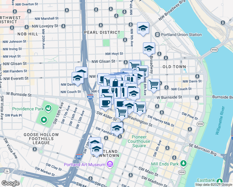 map of restaurants, bars, coffee shops, grocery stores, and more near in Portland