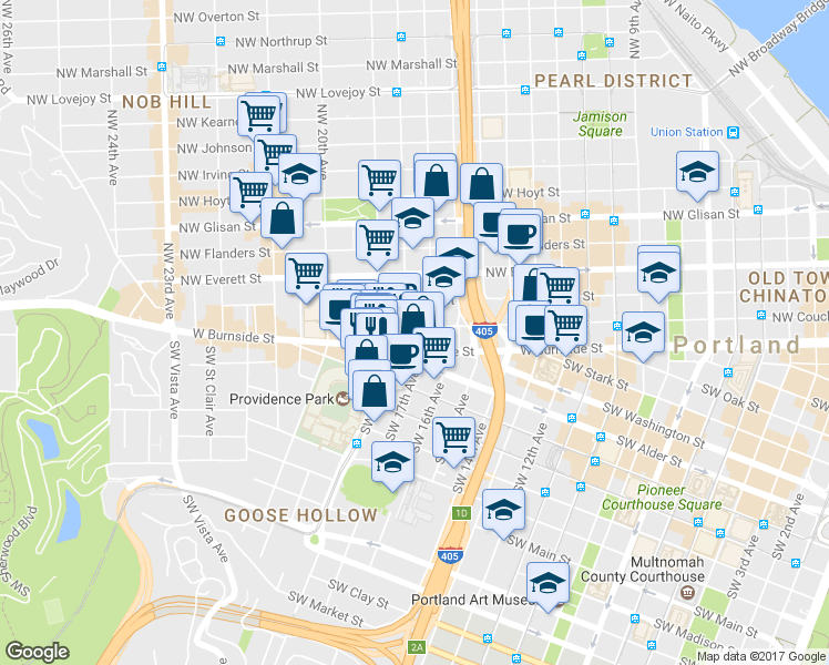 map of restaurants, bars, coffee shops, grocery stores, and more near 1806 Northwest Couch Street in Portland