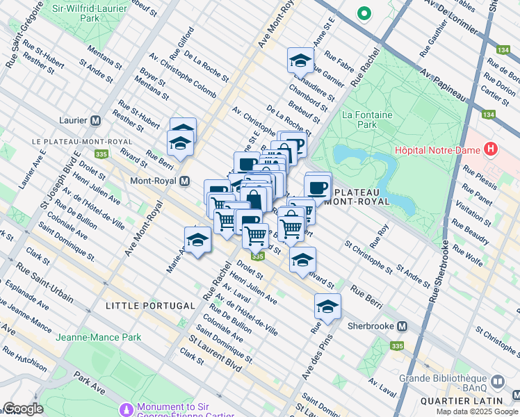 map of restaurants, bars, coffee shops, grocery stores, and more near 767 Rue Rachel Est in Montréal