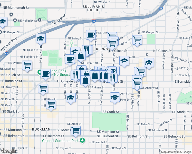 map of restaurants, bars, coffee shops, grocery stores, and more near 2050 Northeast Couch Street in Portland