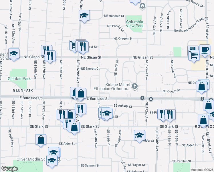 map of restaurants, bars, coffee shops, grocery stores, and more near 151 Northeast 167th Place in Portland