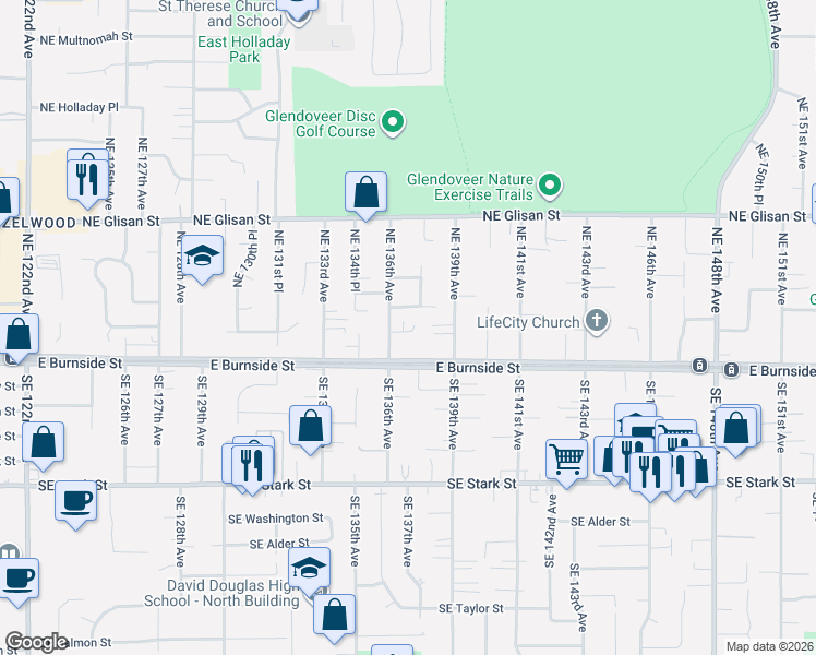 map of restaurants, bars, coffee shops, grocery stores, and more near 116 Northeast 136th Avenue in Portland