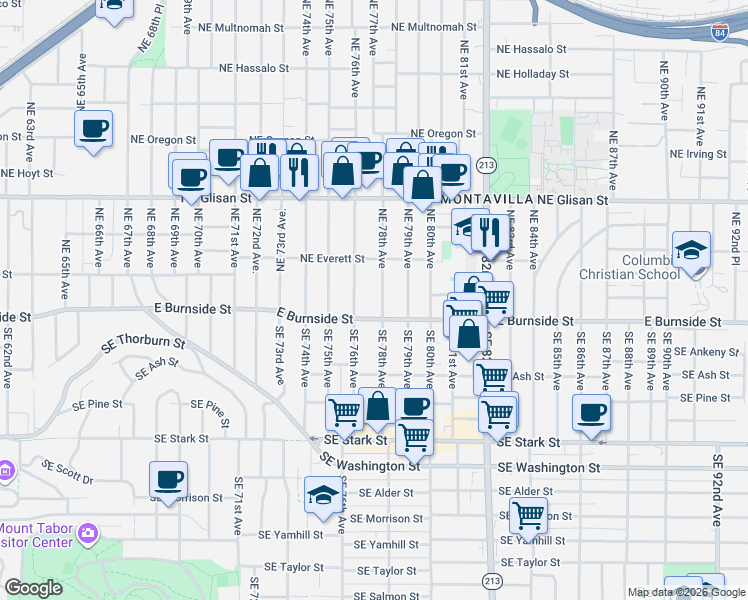 map of restaurants, bars, coffee shops, grocery stores, and more near 102 Northeast 76th Avenue in Portland