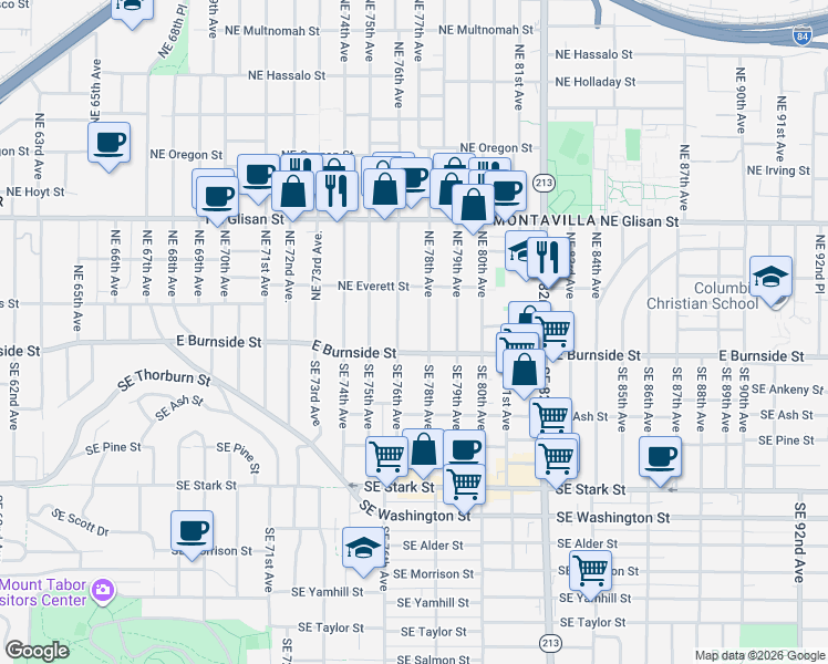map of restaurants, bars, coffee shops, grocery stores, and more near 102 Northeast 76th Avenue in Portland