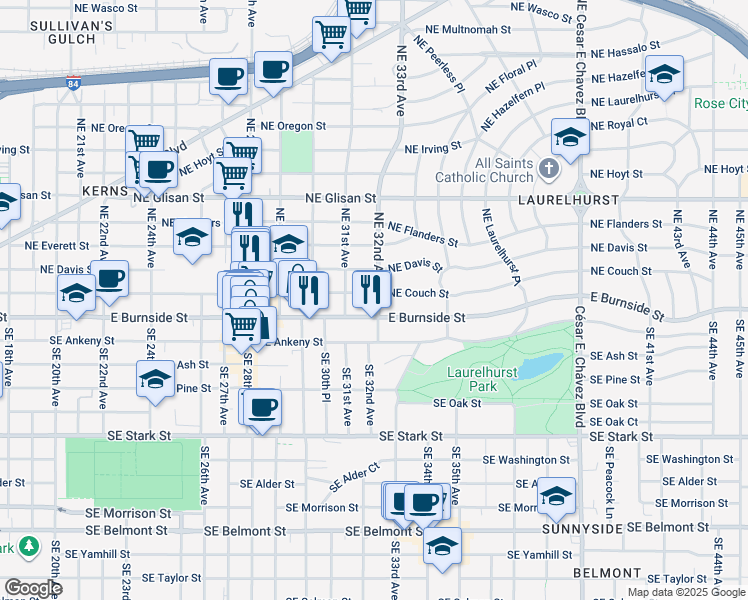 map of restaurants, bars, coffee shops, grocery stores, and more near 3126 Northeast Couch Street in Portland