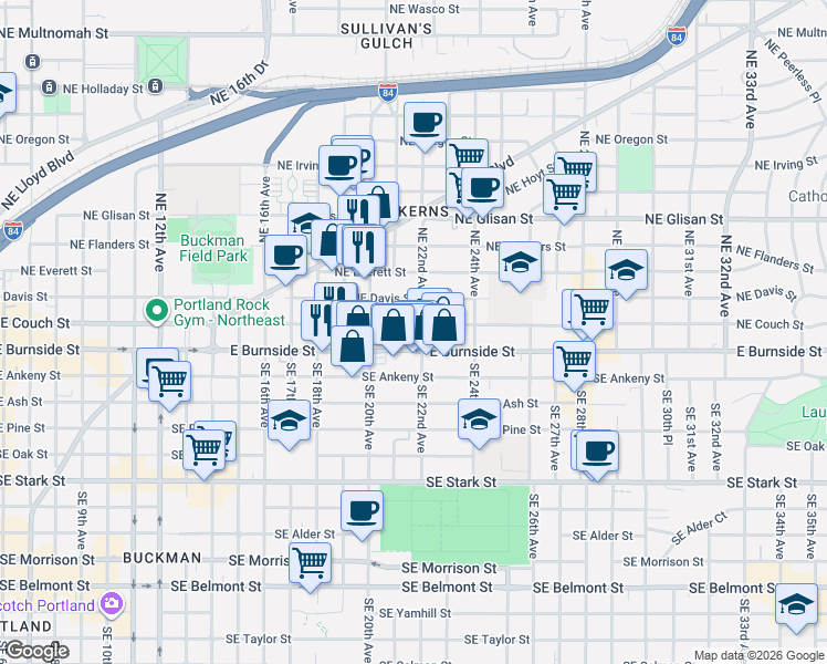 map of restaurants, bars, coffee shops, grocery stores, and more near 2040 Northeast Couch Street in Portland