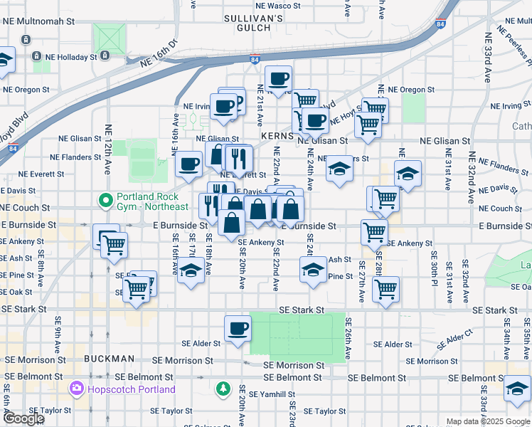 map of restaurants, bars, coffee shops, grocery stores, and more near 2040 Northeast Couch Street in Portland