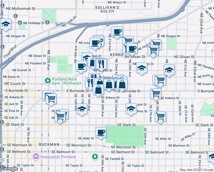 map of restaurants, bars, coffee shops, grocery stores, and more near 2040 Northeast Couch Street in Portland