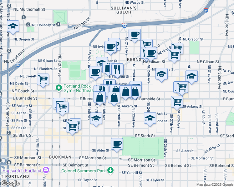 map of restaurants, bars, coffee shops, grocery stores, and more near 1950 Northeast Couch Street in Portland