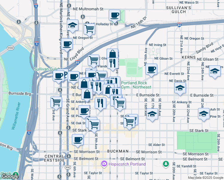map of restaurants, bars, coffee shops, grocery stores, and more near 1030 Northeast Couch Street in Portland