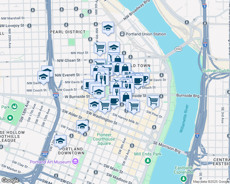 map of restaurants, bars, coffee shops, grocery stores, and more near 204 Southwest 8th Avenue in Portland
