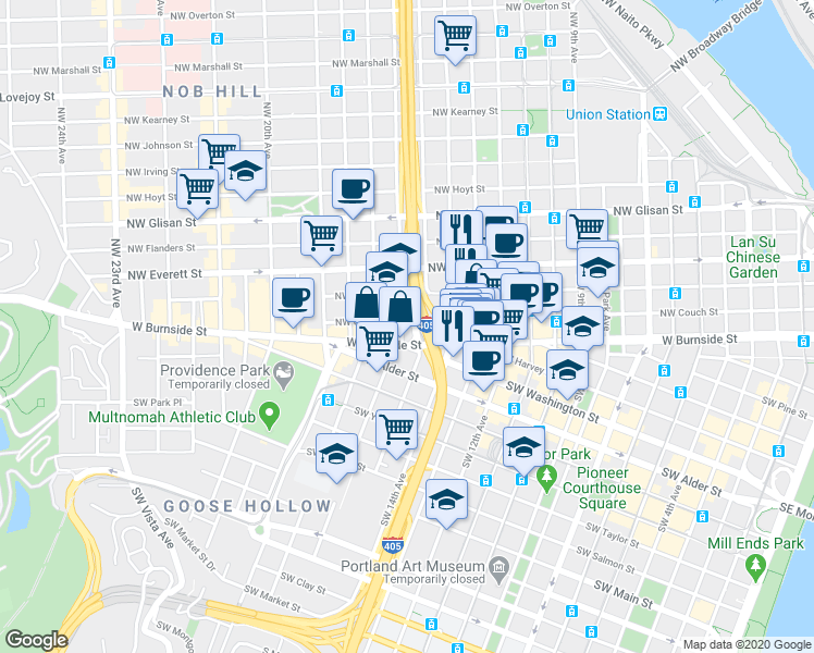 map of restaurants, bars, coffee shops, grocery stores, and more near in Portland
