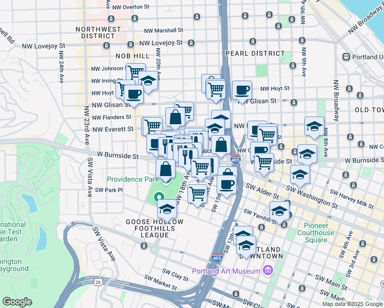 map of restaurants, bars, coffee shops, grocery stores, and more near 1806 Northwest Couch Street in Portland