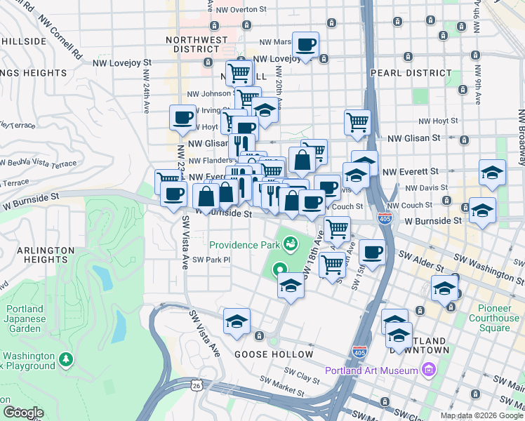 map of restaurants, bars, coffee shops, grocery stores, and more near 1926 West Burnside Street in Portland