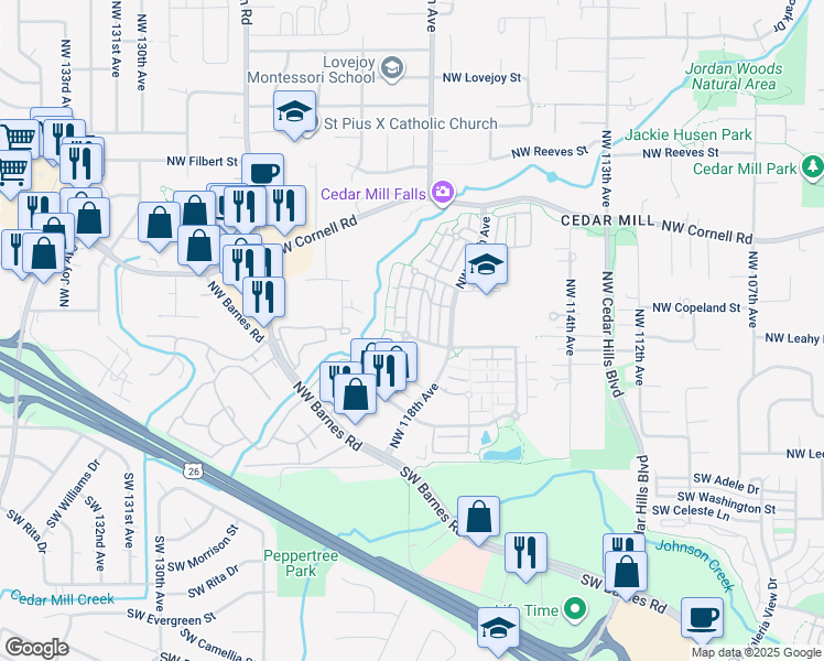 map of restaurants, bars, coffee shops, grocery stores, and more near 580 Northwest Lost Springs Terrace in Portland
