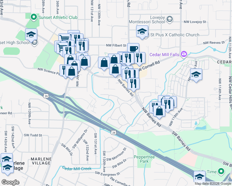 map of restaurants, bars, coffee shops, grocery stores, and more near 12632 Northwest Barnes Road in Portland