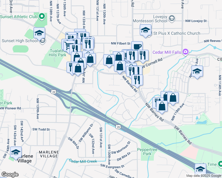 map of restaurants, bars, coffee shops, grocery stores, and more near 12882 Northwest Clement Lane in Portland