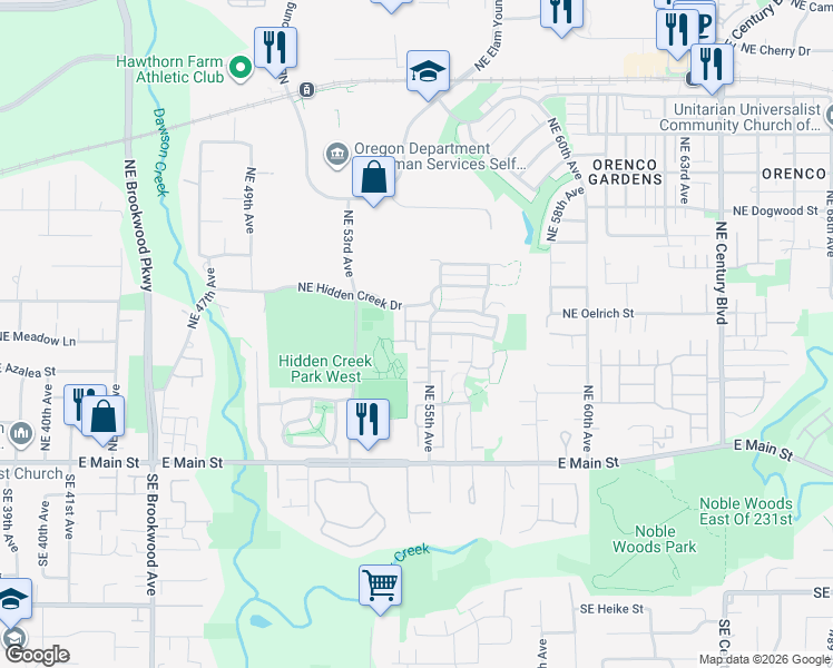 map of restaurants, bars, coffee shops, grocery stores, and more near 5500 Northeast Hidden Creek Drive in Hillsboro