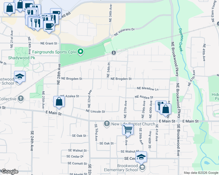 map of restaurants, bars, coffee shops, grocery stores, and more near 267 Northeast 34th Place in Hillsboro