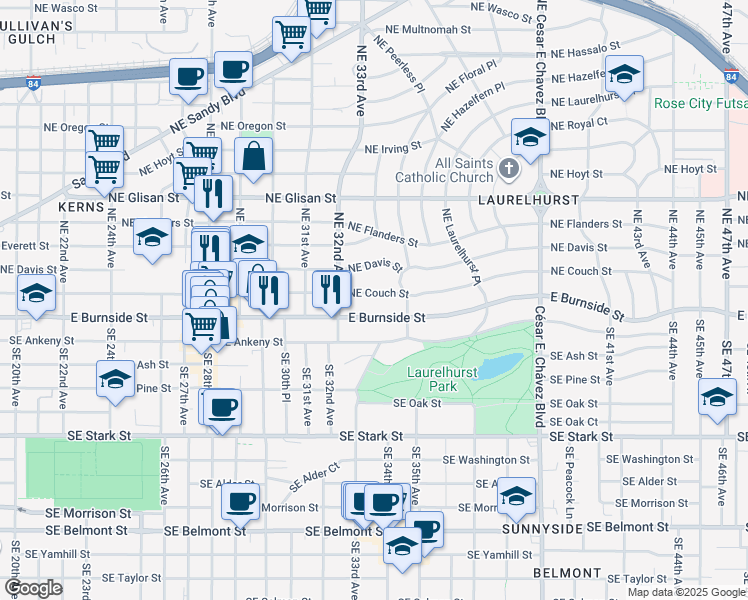 map of restaurants, bars, coffee shops, grocery stores, and more near 3306 Northeast Couch Street in Portland