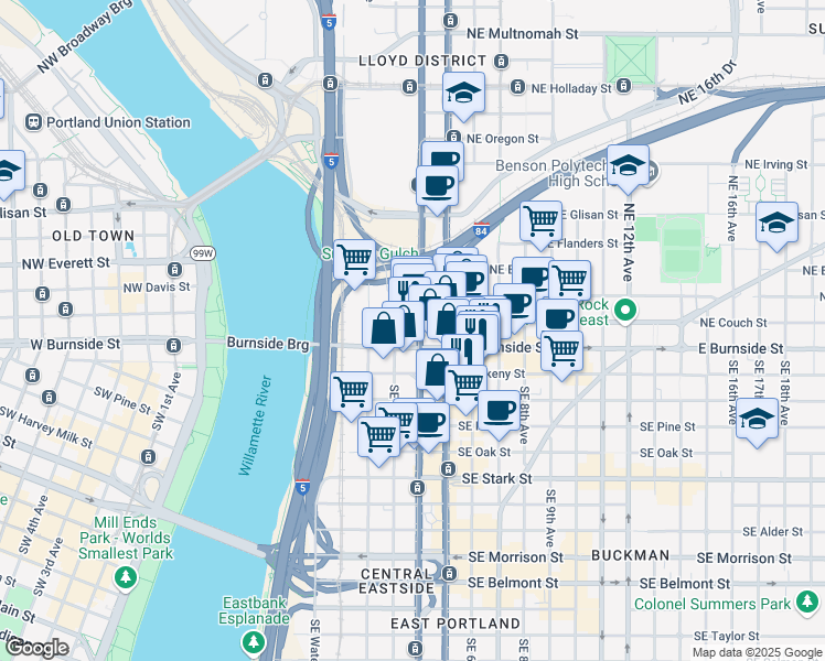 map of restaurants, bars, coffee shops, grocery stores, and more near 33 Northeast Martin Luther King Junior Boulevard in Portland