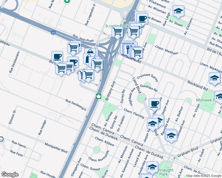 map of restaurants, bars, coffee shops, grocery stores, and more near Brittany Avenue in Mount Royal