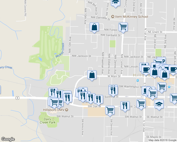 map of restaurants, bars, coffee shops, grocery stores, and more near 165 Northwest Western Way in Hillsboro
