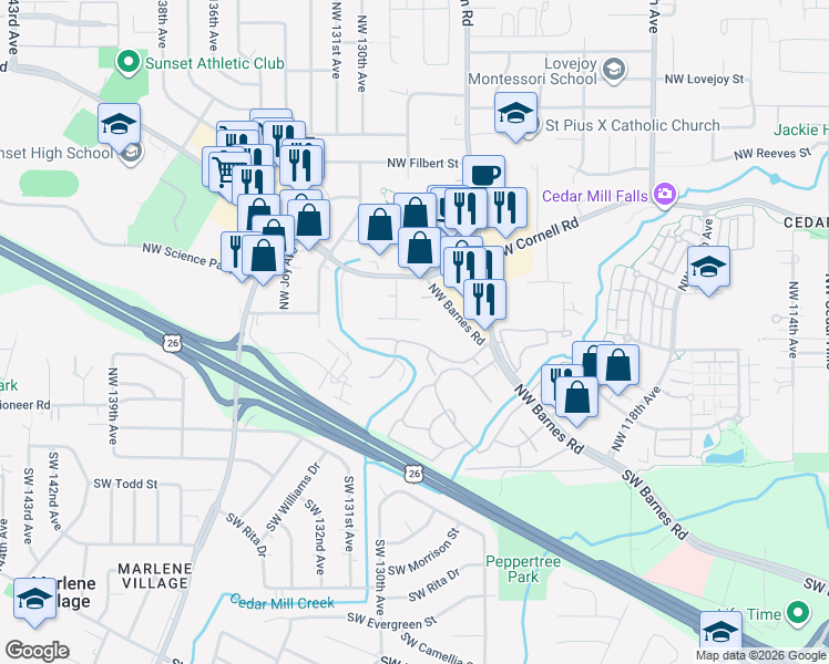 map of restaurants, bars, coffee shops, grocery stores, and more near 12628 Northwest Barnes Road in Portland