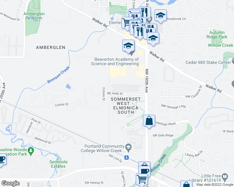 map of restaurants, bars, coffee shops, grocery stores, and more near Northeast Holly Street in Hillsboro