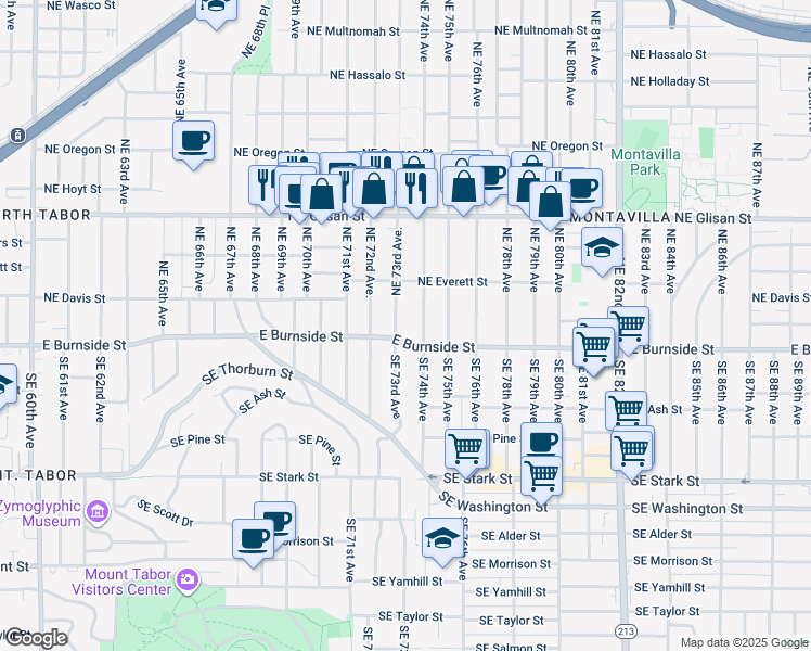 map of restaurants, bars, coffee shops, grocery stores, and more near 16 NE 73rd Ave in Portland