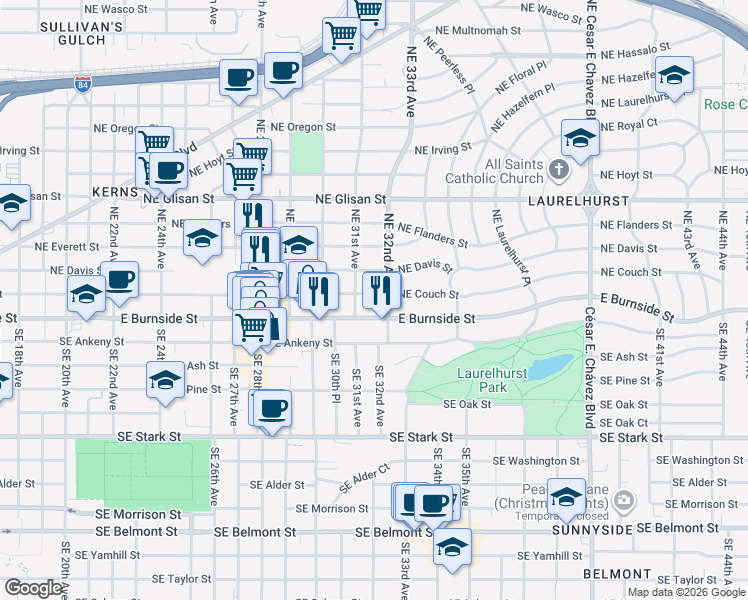 map of restaurants, bars, coffee shops, grocery stores, and more near 3126 Northeast Couch Street in Portland