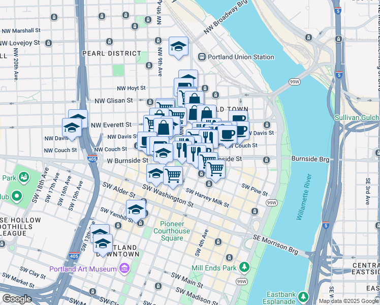 map of restaurants, bars, coffee shops, grocery stores, and more near 707 West Burnside Street in Portland
