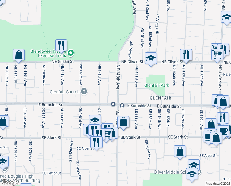 map of restaurants, bars, coffee shops, grocery stores, and more near 109 Northeast 148th Avenue in Portland