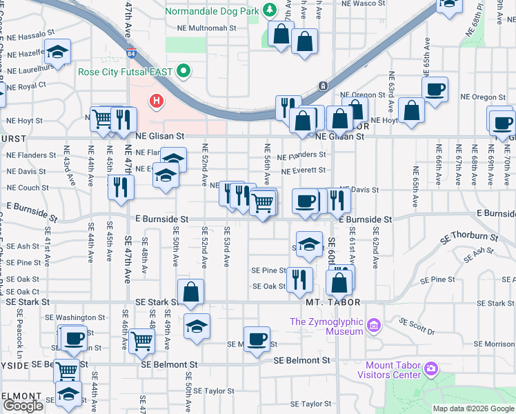 map of restaurants, bars, coffee shops, grocery stores, and more near 5524 Northeast Couch Street in Portland