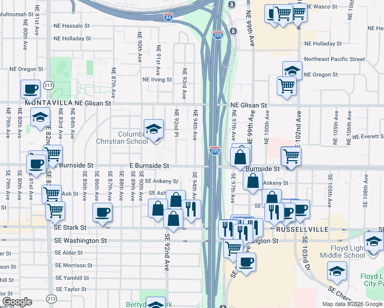 map of restaurants, bars, coffee shops, grocery stores, and more near 34 Northeast 94th Avenue in Portland