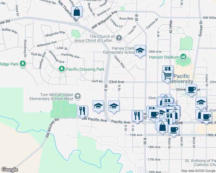 map of restaurants, bars, coffee shops, grocery stores, and more near 2241 E Street in Forest Grove