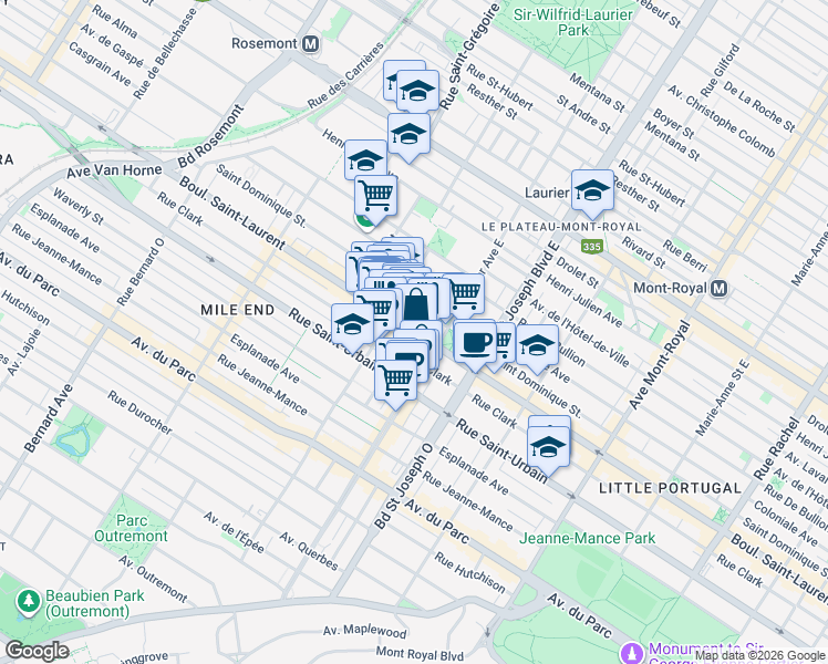 map of restaurants, bars, coffee shops, grocery stores, and more near 5142 Saint Laurent Boulevard in Montreal
