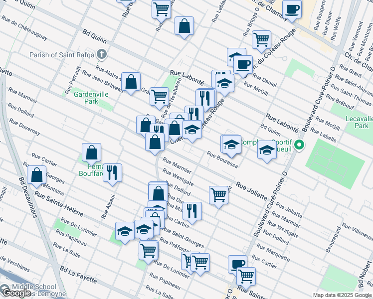 map of restaurants, bars, coffee shops, grocery stores, and more near 1600 Rue Bourassa in Longueuil