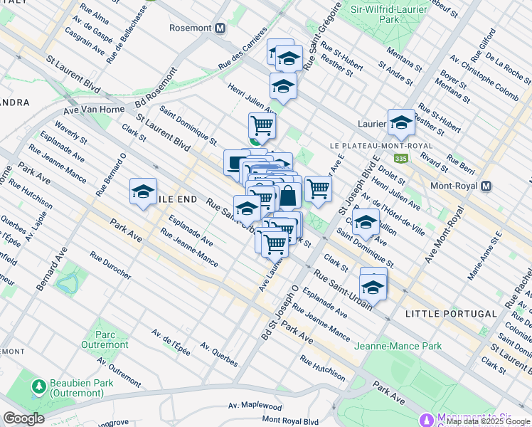 map of restaurants, bars, coffee shops, grocery stores, and more near 27 Avenue Fairmount Ouest in Montreal
