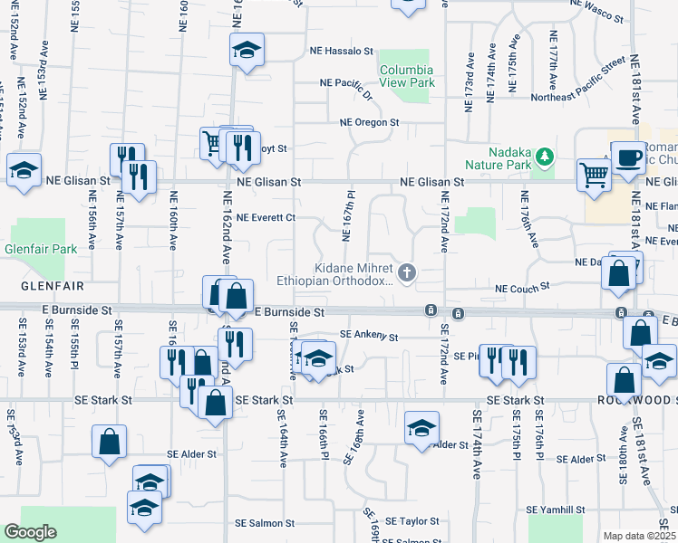 map of restaurants, bars, coffee shops, grocery stores, and more near 151 Northeast 167th Place in Portland