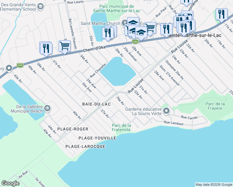 map of restaurants, bars, coffee shops, grocery stores, and more near 46 34e Avenue in Sainte-Marthe-sur-le-Lac