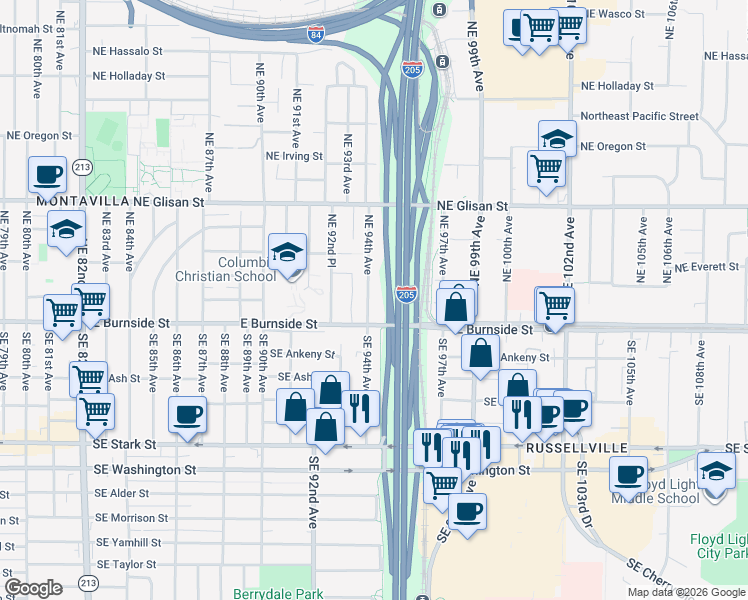 map of restaurants, bars, coffee shops, grocery stores, and more near 34 Northeast 94th Avenue in Portland