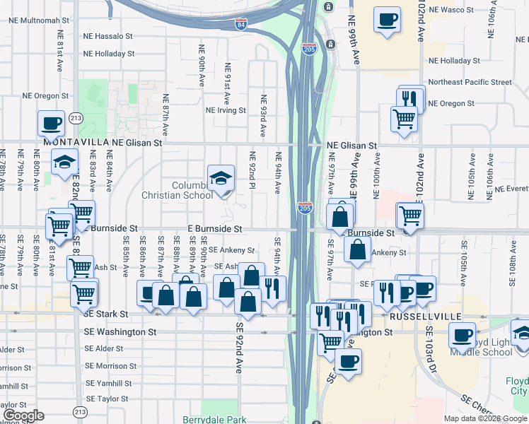 map of restaurants, bars, coffee shops, grocery stores, and more near 9267 East Burnside Street in Portland