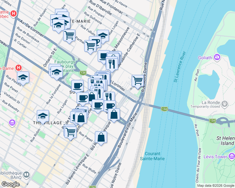 map of restaurants, bars, coffee shops, grocery stores, and more near 2000 Rue Falardeau in Montréal