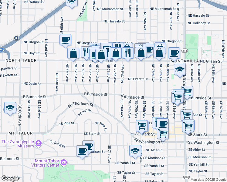 map of restaurants, bars, coffee shops, grocery stores, and more near 21 Northeast 72nd Avenue in Portland