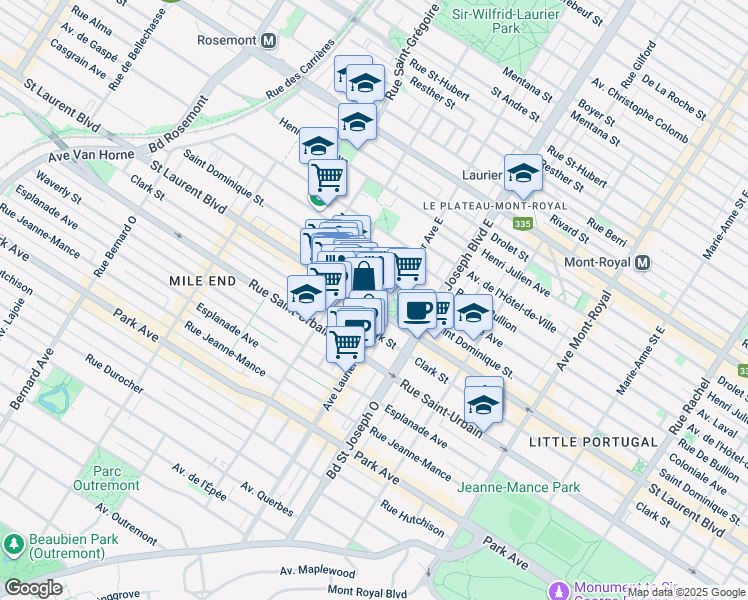 map of restaurants, bars, coffee shops, grocery stores, and more near 5125 Boulevard Saint-Laurent in Montréal