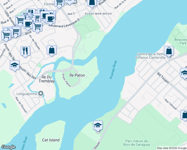 map of restaurants, bars, coffee shops, grocery stores, and more near 4450 Promenade Paton in Laval